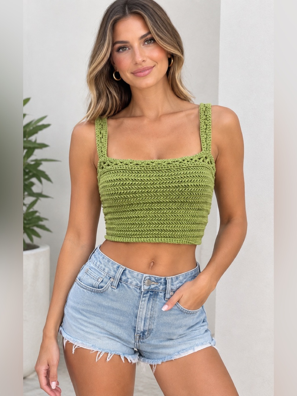 Reformation Olive Green Crochet Square-Neck Crop Top